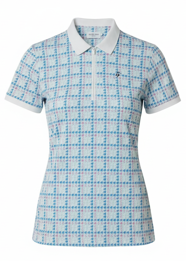 Ladies Zip Polo - Blue & Pink Print