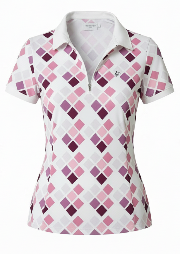 Ladies Zip Polo - Geometric Pinks