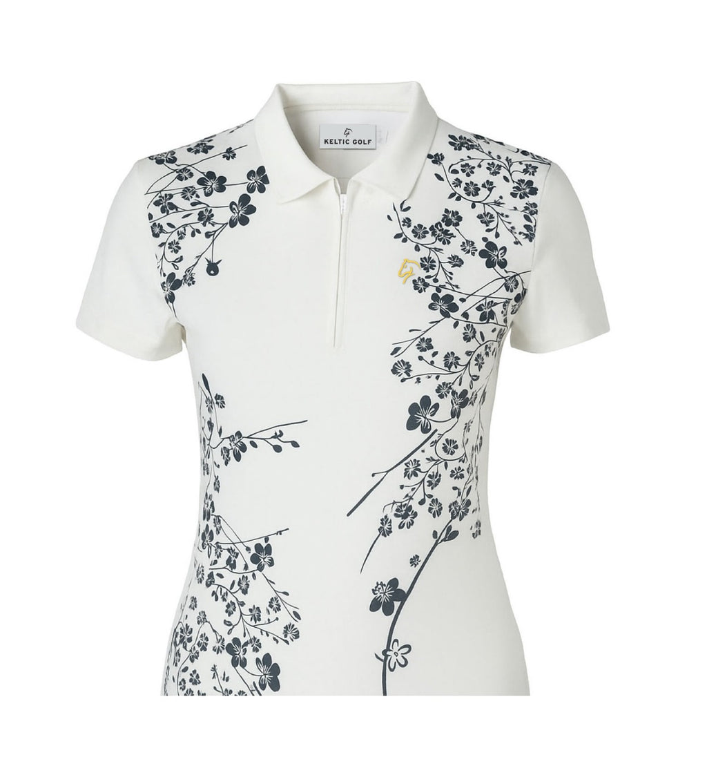Ladies Zip Polo - White Floral
