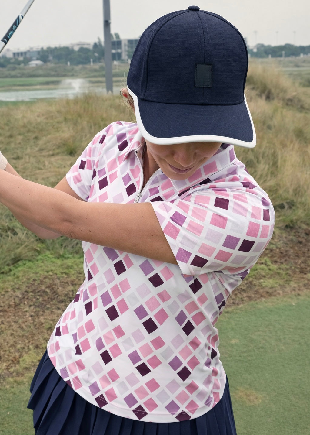 Ladies Zip Polo - Geometric Pinks