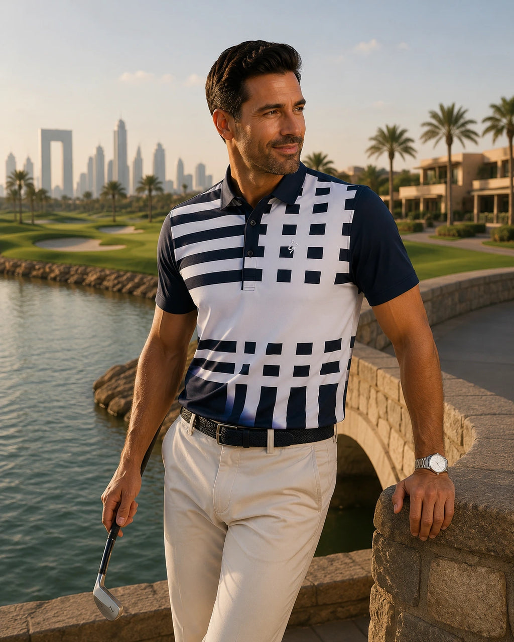 Men's Premium Polo - Navy/ Grey Stripe