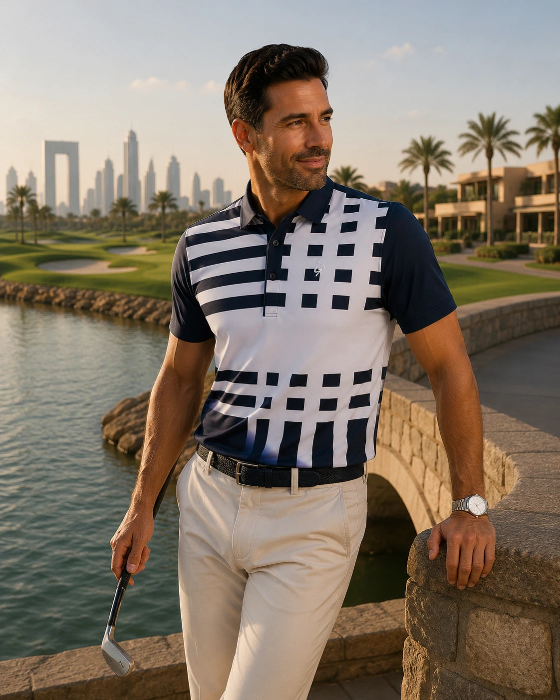Men's Premium Polo - Navy/ Grey Stripe