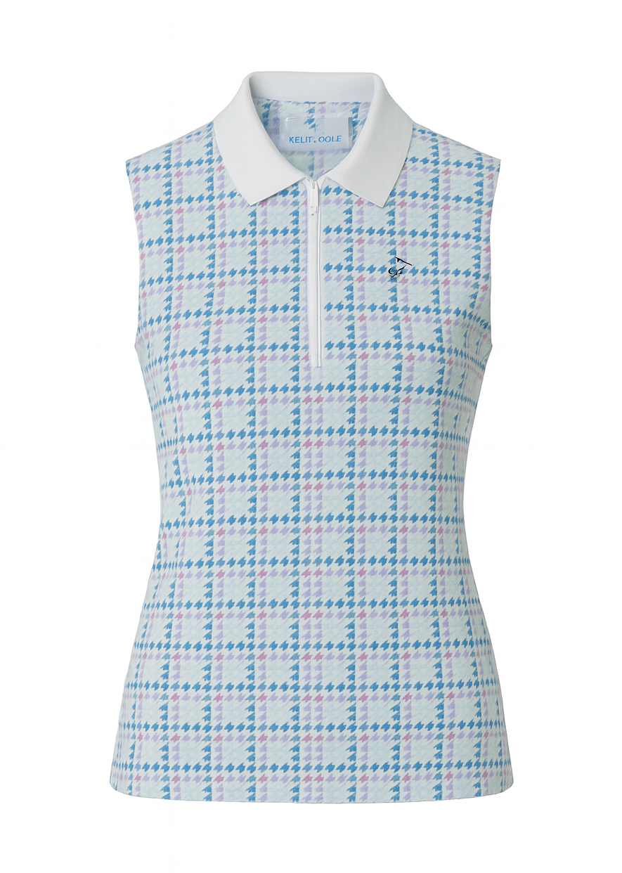 Ladies Zip Polo - Blue & Pink Print