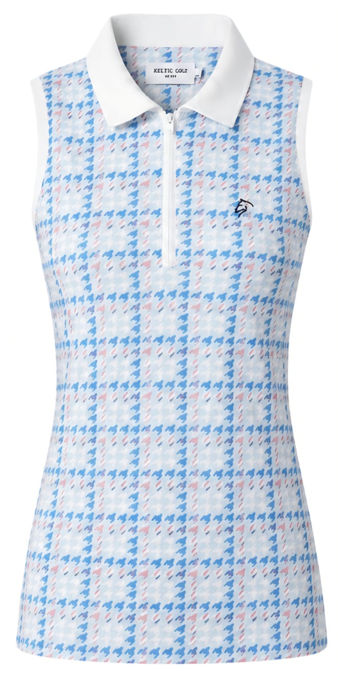 Ladies Zip Polo - Blue & Pink Print