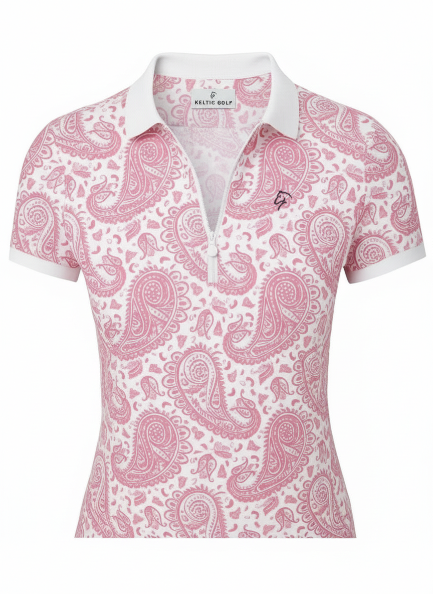 Ladies Sleeveless Zip Polo - Pink Paisley