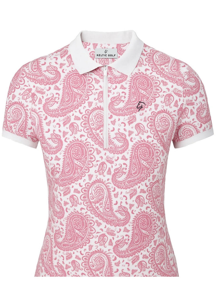 Ladies Sleeveless Zip Polo - Pink Paisley
