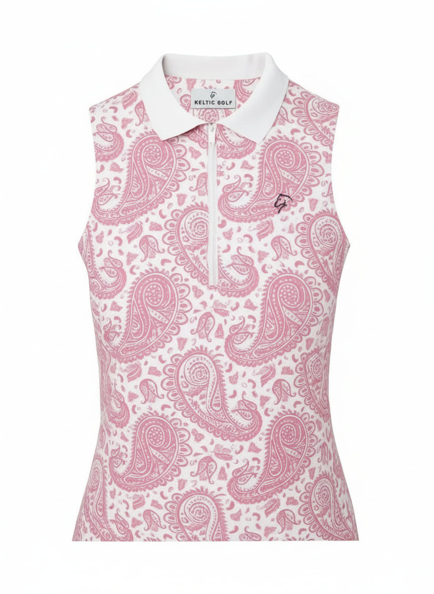 Ladies Sleeveless Zip Polo - Pink Paisley